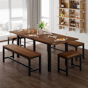 lot 42720 image: Feonase 5-Piece Dining Table Set for 4-8 People, 63 Extendable Kitchen Table Set with 2 Benches and 2 Square Stools, Dining Room Table with Heavy-Duty Frame, Easy Assembly, Walnut - Retail $234.45