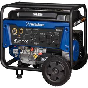 lot 42738 image: Westinghouse Outdoor Power Equipment 9500 Peak Watt Home Backup Portable Generator, Remote Electric Start with Auto Choke, Transfer Switch Ready 30A Outlet, Gas Powered,BlackBlue-Retail-$1289.99