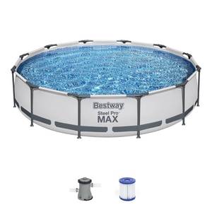 lot 42742 image: Bestway Steel Pro MAX 12 Foot x 30 Inch Round Metal Frame Above Ground Outdoor Backyard Swimming Pool Set with 330 GPH Filter Pump - Retail $187.39