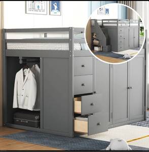 lot 42760 image: Full Size Wood Loft Bed With Built In Wardrobes