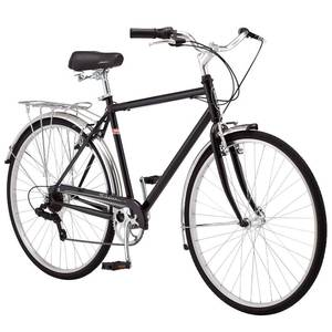 lot 58778 image: Schwinn Wayfarer Adult Hybrid Bike, Mens and Womens, 18-InchMedium Steel Step-Over Frame, 7-Speed Drivetrain, Rear Rack, 700C Wheels, Black - Retail $395.34