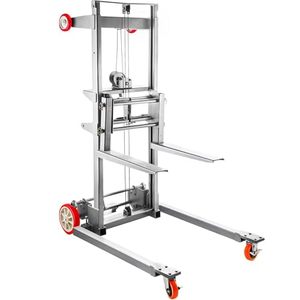 lot 58786 image: VEVOR Manual Winch Stacker, 41.7 L x 25.8 W Hand Winch Lift Trucks w 8.7 �� 106.3 Height Range, with 441 lbs Capacity and Adjustable Straddle, Material Lifts for Warehouse and Factory - Retail $499.98