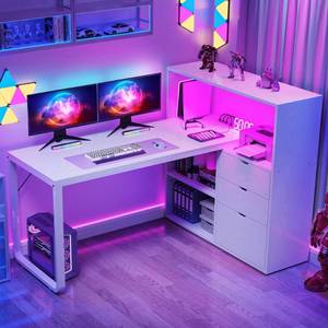 lot 58790 image: DWVO L Shaped Desk with Drawers, 55 Corner Computer Desk with Bookshelf & Power Outlets & LED Lights, Home Office Desk with Storage Shelves, Oak & White - Retail $171.43