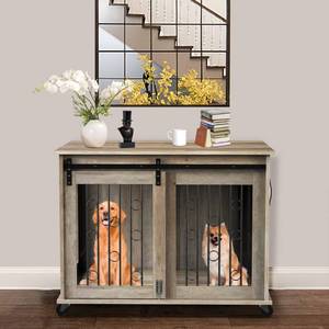 lot 58791 image: Lyromix Dog Crate Furniture with Divider for 2 Small to Medium Dogs, Wooden Cage End Table, Heavy Duty Indoor Puppy Kennel with Removable Divider and Sliding Door, Grey, 39.37W25.2D28.94H - Retail $181.87
