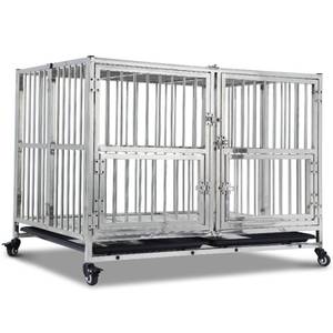 lot 58796 image: GarveeLife 48 Dog Crate Heavy Duty Cage Kennel with Wheels, Full Stainless Steel High Anxiety Indestructible Dog Crate, Sturdy Locks Design, Double Door Small Door Design & Removable Tray Design - Retail $192.68