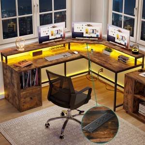 lot 58806 image: YITAHOME L Shaped Desk with Power Outlets & LED Lights, 67 Computer Desk with File Drawer, Corner Desk Home Office Desk with Monitor Stand & 3 Cubbies Storage Shelves, Rustic Brown - Retail $158.63