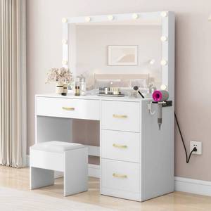 lot 58809 image: DWVO Makeup Vanity with Lighted Mirror, Vanity Desk with Power Strip, Adjustable Lighting, 4 Drawers, and Cushioned Stool for Bedroom, Dressing Room - Retail $155.54