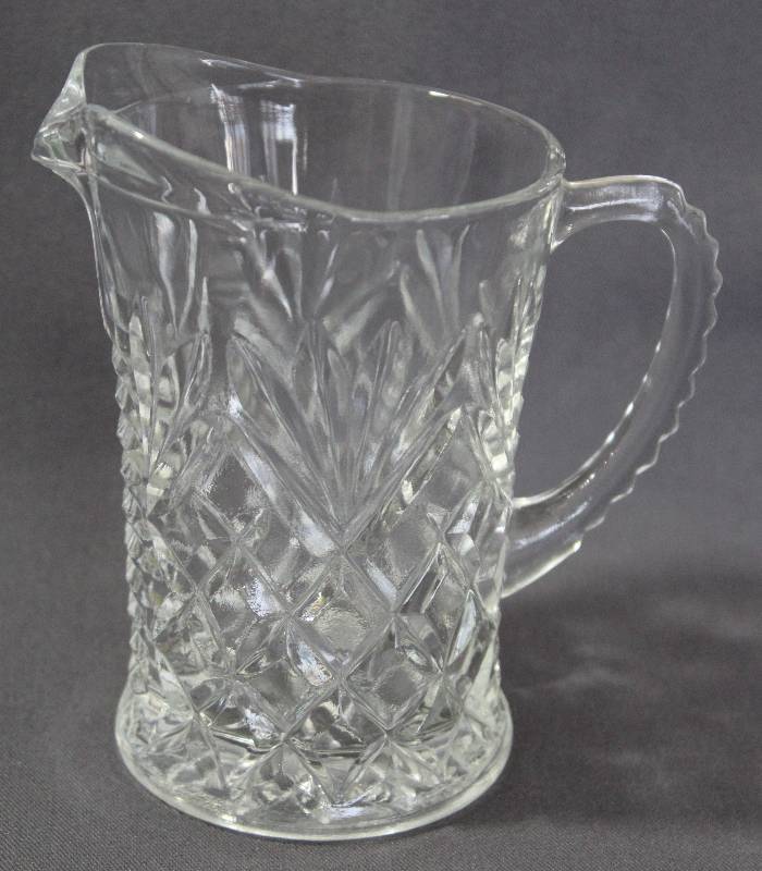 lot 9748 image: 5-14 Clear Glass Pitcher with Cut Glass Diamond Pattern. Beautiful & Vintage
