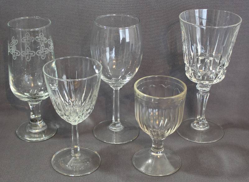 lot 9767 image: Set of 5 Clear Glass Stem Bar Glasses. 2 are Waterford Replacements