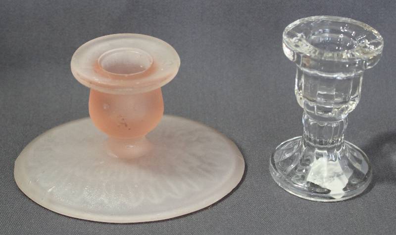 lot 9769 image: Set of 2 Candlestick Holders. Frosted Pink and 24 percent Lead Crystal.