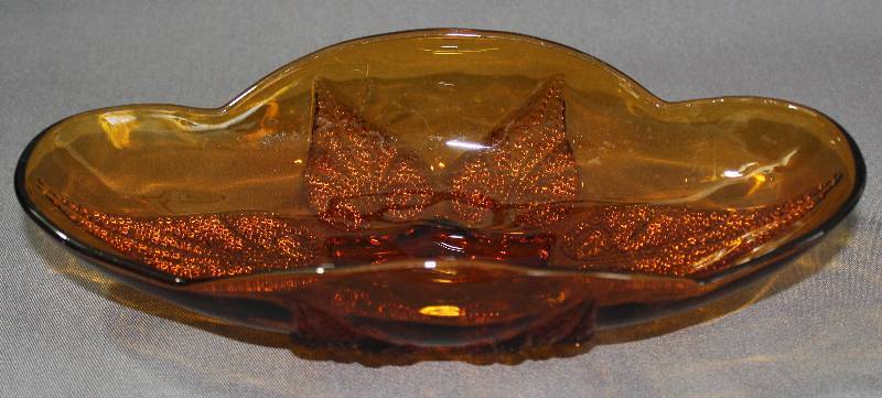 lot 9773 image: Vintage Indiana Glass Co Deep Amber Leaf Candy or Relish Dish.