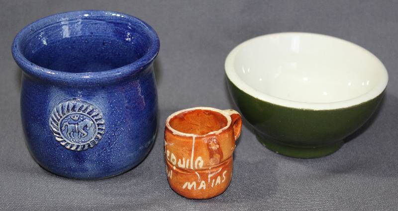 lot 9776 image: Green Ceramic Bowl with Clay Pottery Planter and Shot Glass Mug