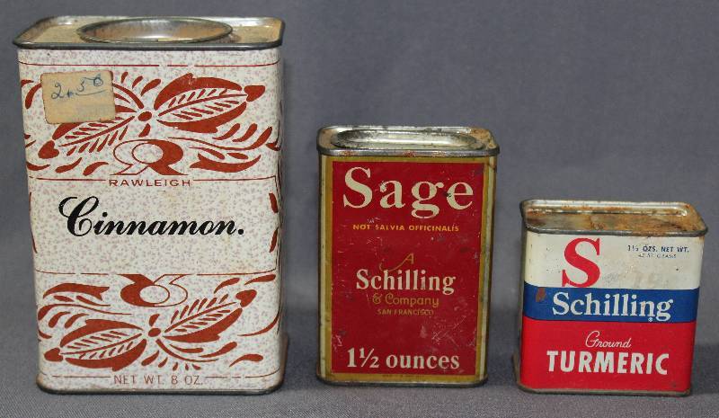 lot 9779 image: Set of Three Vintage Spice Tin Cans - Cinnamon, Sage, and Turmeric.