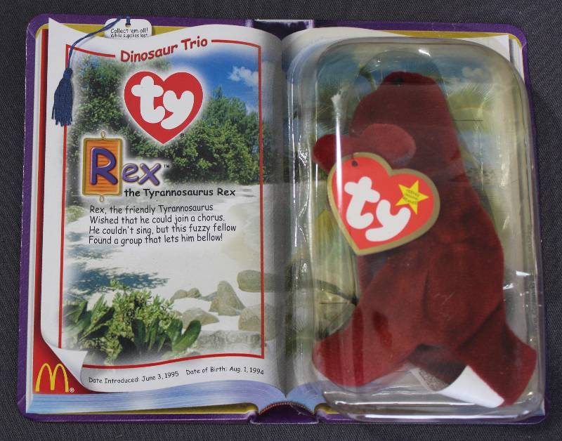 lot 9830 image: 2000 McDonalds Happy Meal Toys � Dinosaur Trio Rex Teenie Beanie. Original Pkg