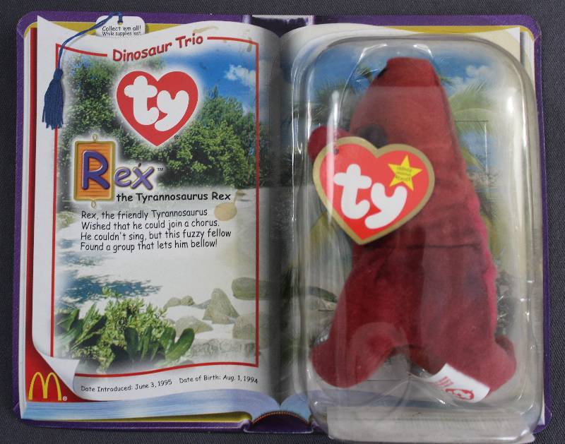 lot 9831 image: 2000 McDonalds Happy Meal Toys � Dinosaur Trio Rex Teenie Beanie. Original Pkg