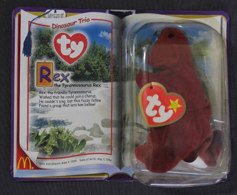 lot 9832 image: 2000 McDonalds Happy Meal Toys � Dinosaur Trio Rex Teenie Beanie. Original Pkg