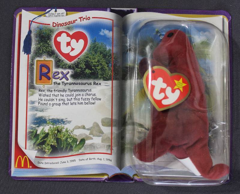 lot 9834 image: 2000 McDonalds Happy Meal Toys � Dinosaur Trio Rex Teenie Beanie. Original Pkg