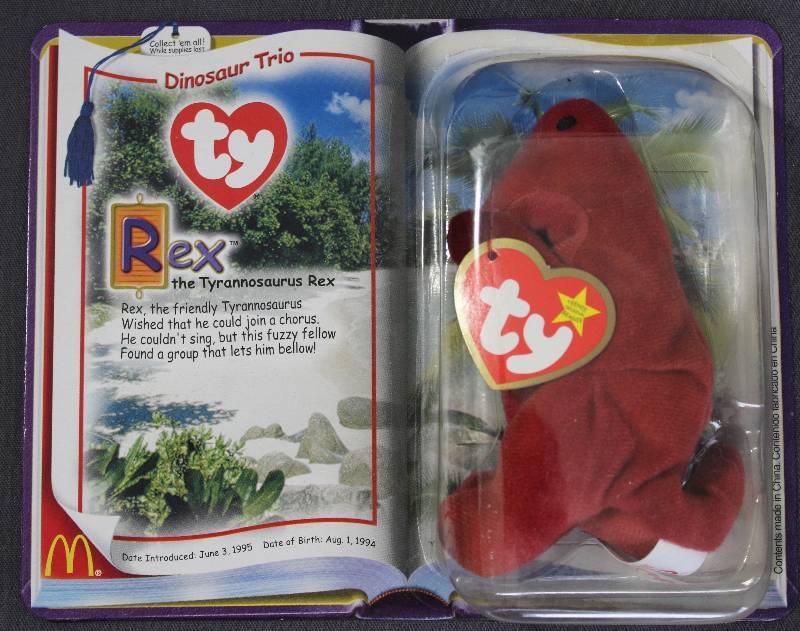 lot 9836 image: 2000 McDonalds Happy Meal Toys � Dinosaur Trio Rex Teenie Beanie. Original Pkg