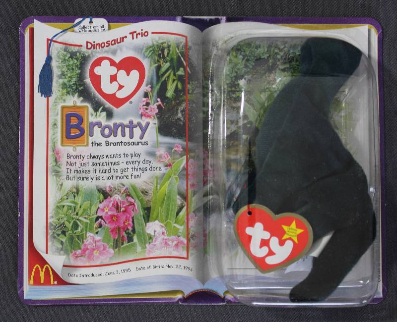 lot 9852 image: 2000 McDonalds Happy Meal Toys � Dinosaur Trio Bronty Teenie Beanie. Original Pkg