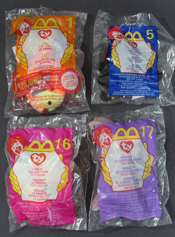 lot 9868 image: 2000 McDonalds Happy Meal Toys, Teenie Beanie Babies. 4pc Set in Original Pkg