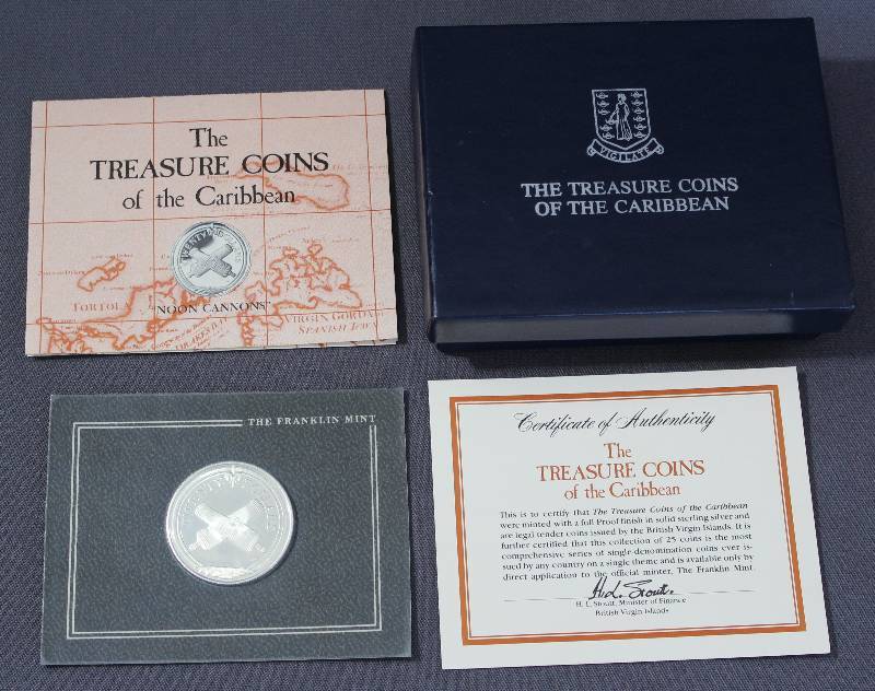lot 9870 image: Sterling Silver Franklin Mint, 20 Dollars - The Treasure Coins of the Caribbean with COA.