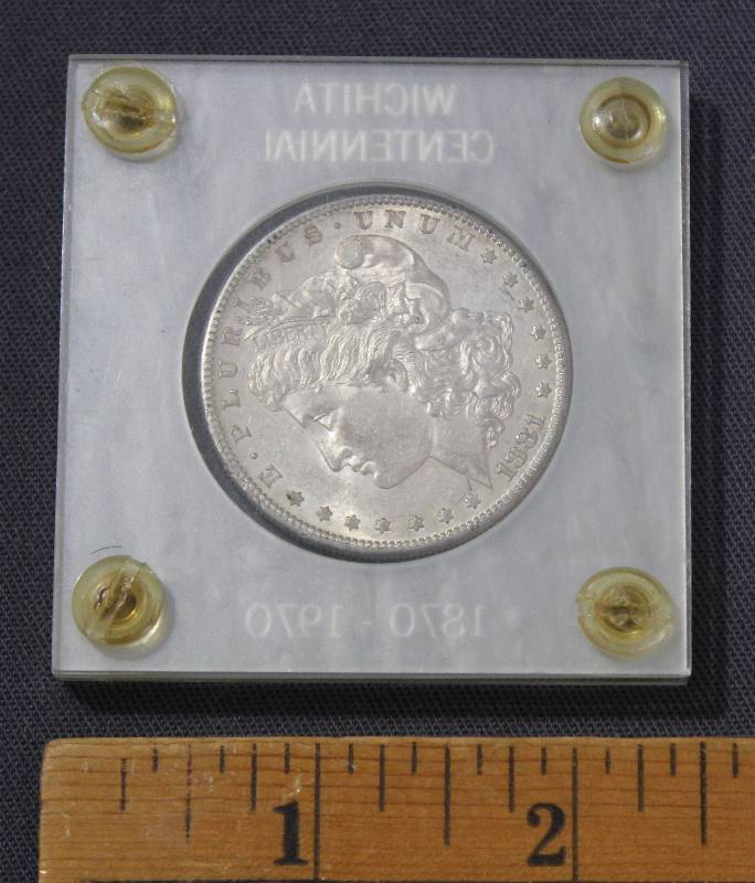 lot 9871 image: 1881 Morgan Silver One Dollar Coin - Wichita Centennial 1870-1970 Case