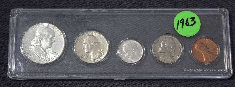 lot 9873 image: 1963 U.S. Coin Set - Half Dollar, Quarter, Dime, Nickel, and Penny with Case.
