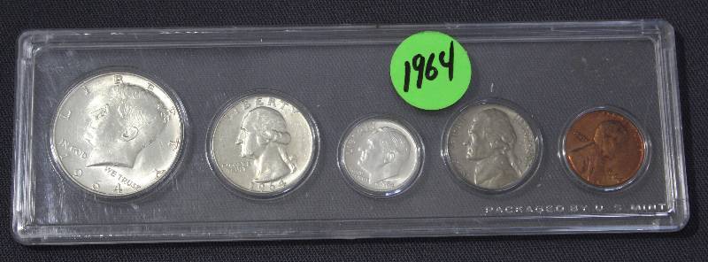 lot 9874 image: 1964 U.S. Coin Set - Half Dollar, Quarter, Dime, Nickel, and Penny with Case.