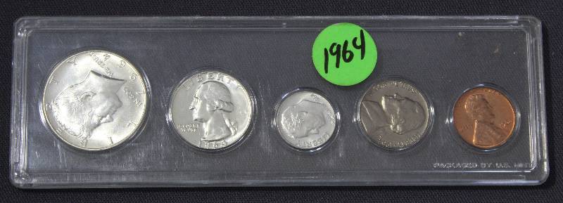 lot 9875 image: 1964 U.S. Coin Set - Half Dollar, Quarter, Dime, Nickel, and Penny with Case.