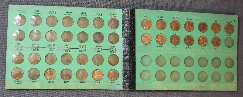 lot 9887 image: Lincoln Cents, Penny Coin Book 1948D - 1958D. 41 Coins Inside