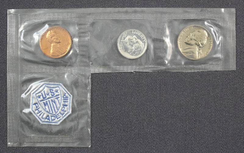 lot 4068 image: Sealed 1963 Philadelphia U.S. Mint Nickel, Dime & Penny Set.