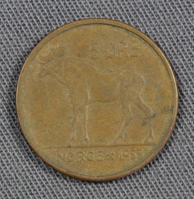 lot 4114 image: 1958 Norway 5 Ore Bronze Coin, Portrait of Olav V