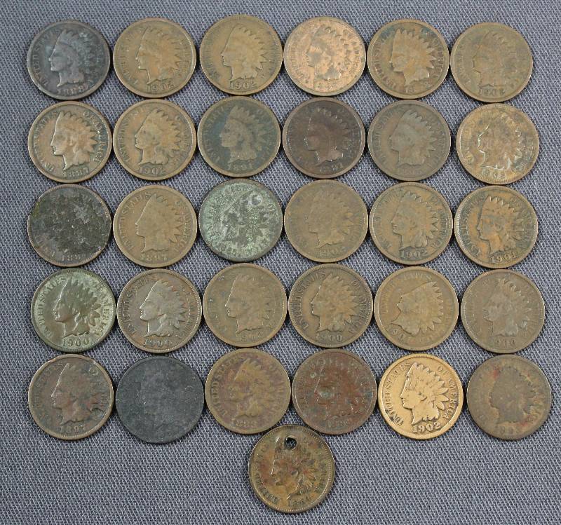 lot 4128 image: (31) 1864-1902 U.S. Indian Head Pennies, From 1864-1902. 1 Cent Coins