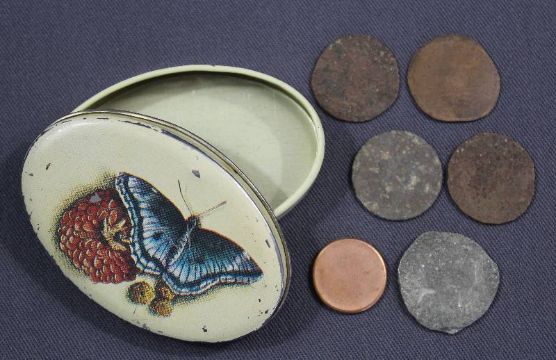 lot 4149 image: Flattened Coins in Butterfly Tin Box.