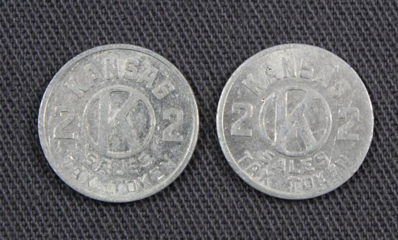 lot 4153 image: Two Kansas Two Mill Sales Tax Tokens