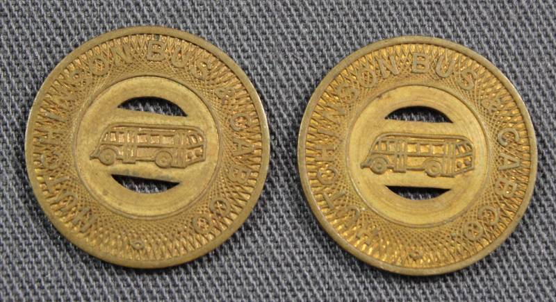 lot 4155 image: Two Hutchinson Bus & Cab Co Tokens Good For One Fare