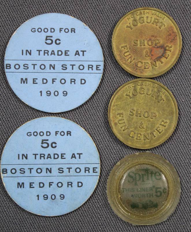 lot 4161 image: Vintage Tokens  Coupons, Boston Store, Yogurt & Sprite.