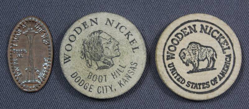 lot 4162 image: Three Coin Souvenirs, Seattle Penny, 2 Wooden Nickels.