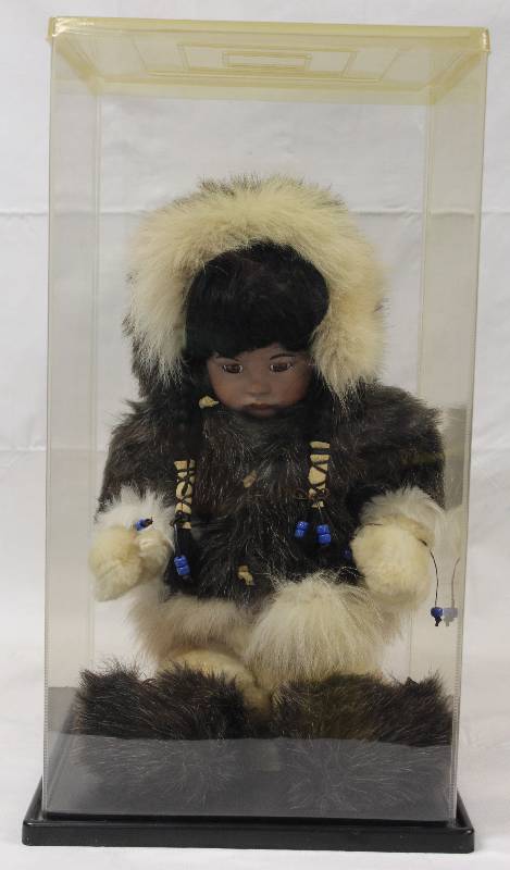 lot 6000 image: Beautiful, High Quality Native American Doll in Showcase - Back of Doll is Marked Paris
