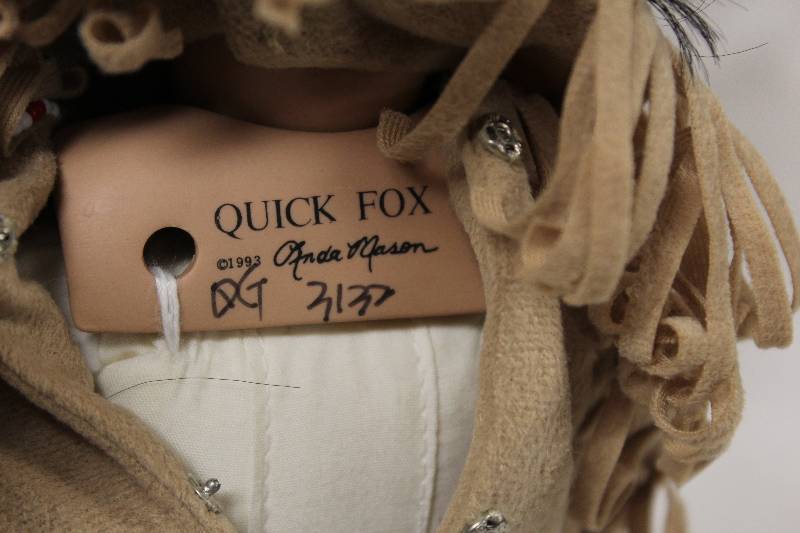 lot 6024 image: QUICK FOX - Native American Porcelain Doll by Linda Mason 3132 - 1993 - beautiful beaded costume