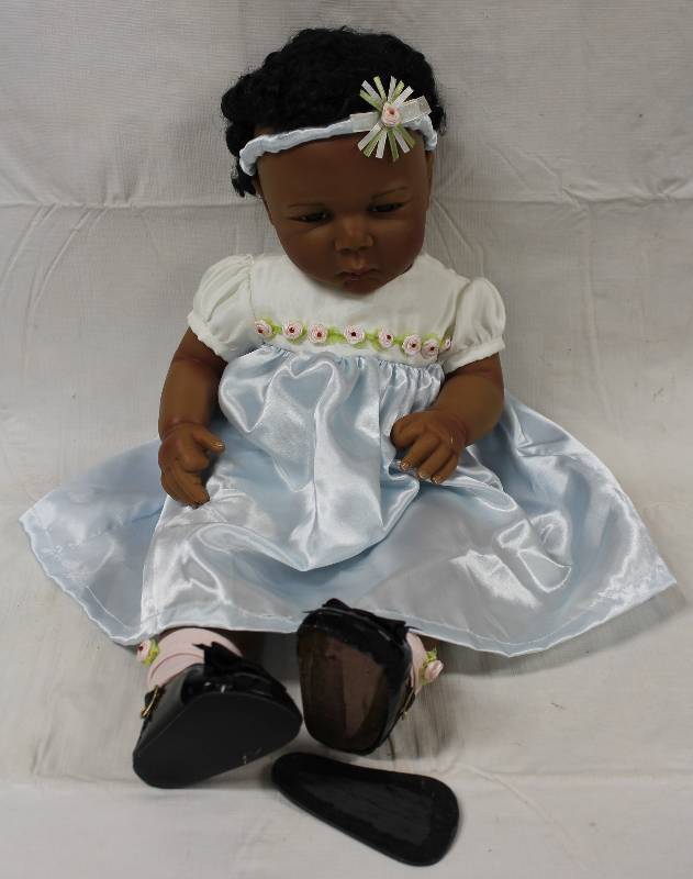 lot 6059 image: Pretty Porcelain African American Baby Doll in a Blue Dress - Adorable