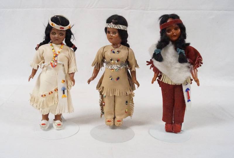 lot 6083 image: Lot of 3 - Native American Indian Dolls - w Stands