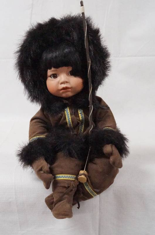 lot 6084 image: Little Eskimo Cutie w Fishing Pole - Doll - All bundled up Adorable