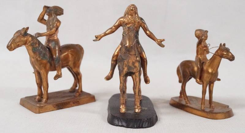 lot 6126 image: Lot of 3 Metal Figurines of Native American Indians on Horses - Collectible