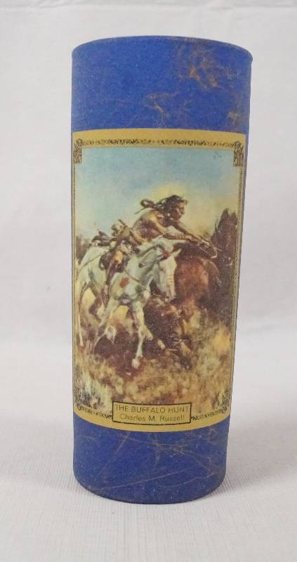 lot 6139 image: Native American Glass Candle HolderVaseContainer - featuring THE BUFFALO HUNT by Charles M. Russell