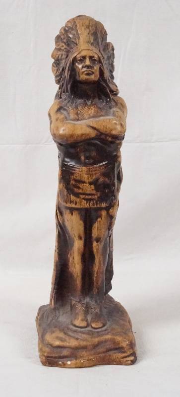 lot 6144 image: Native American Chief StatueFigurine - Back of head dress has a chipped piece that could be repaired - see photos