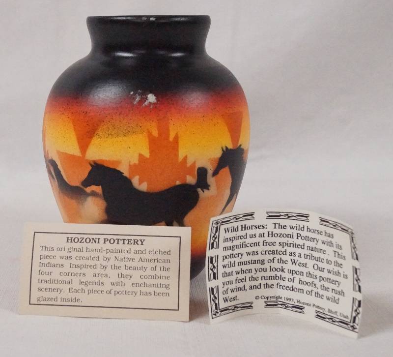 lot 6146 image: Hozoni Pottery Vase - Wild Horses - Cool - Made by Native American Indians - Signed