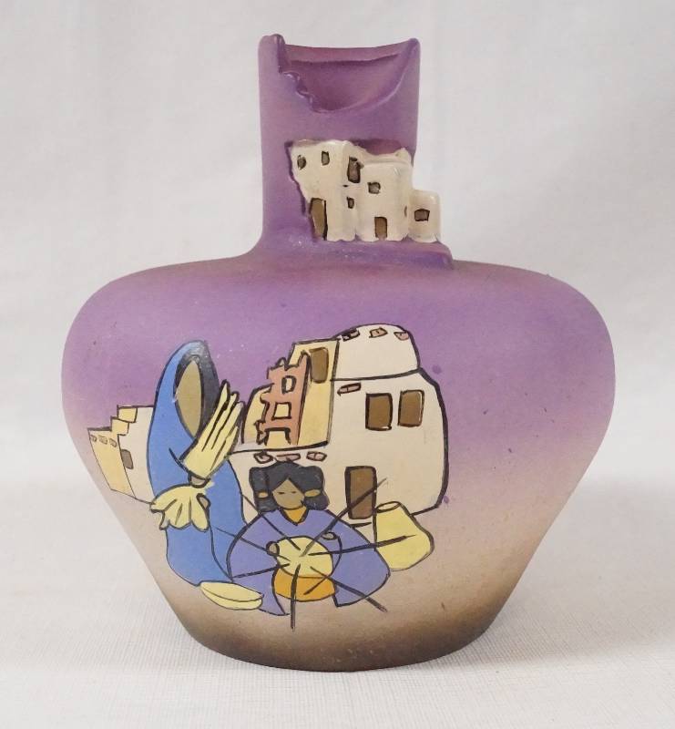 lot 6148 image: Native American Adobe House Vase - Women Making Baskets COOL