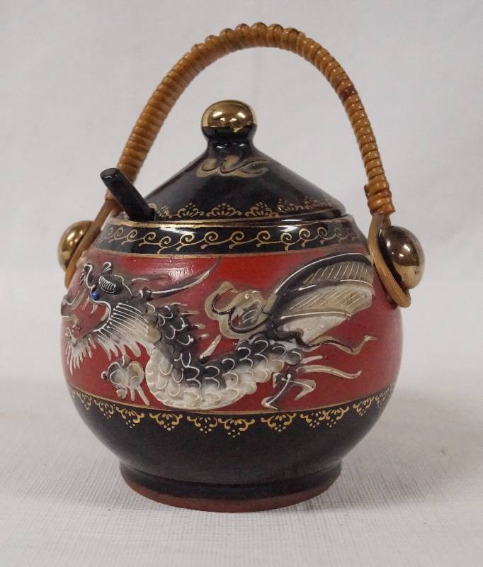 lot 6175 image: Dragonware - Mustard Pot w Spoon and Wicker Handle - Made in Japan - Nice Black Ceramic - BEAUTIFUL