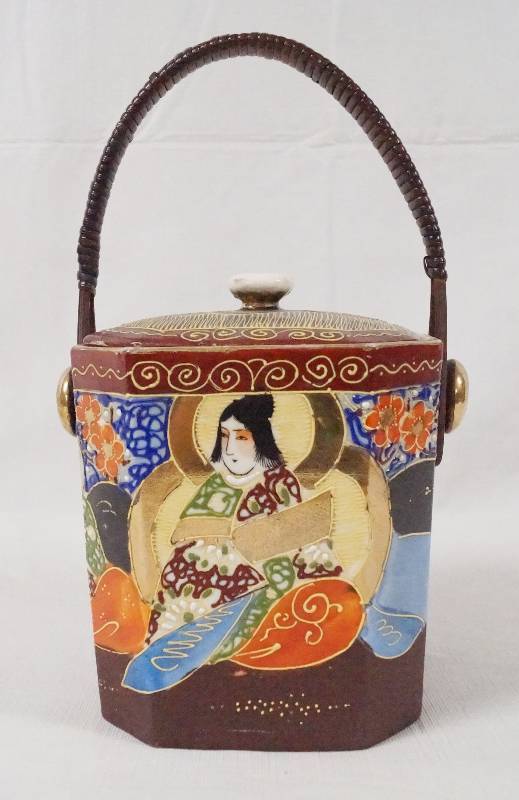 lot 6181 image: Porcelain Container w Lid & Wicker Handle - Made in Japan - Moriage Style Geisha - pretty